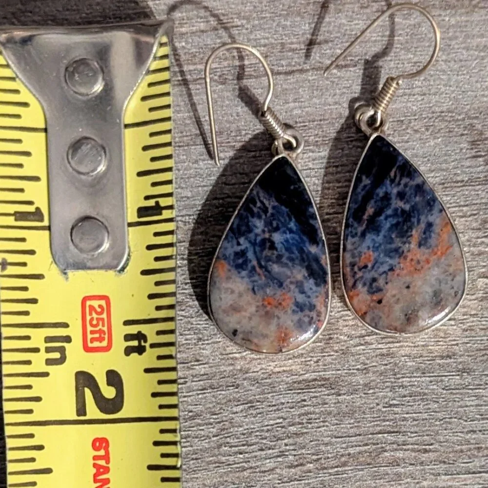 Sterling Silver 925 Dark Blue Orange Natural Sodalite Stone Earrings Fish Hook - Picture 5 of 5